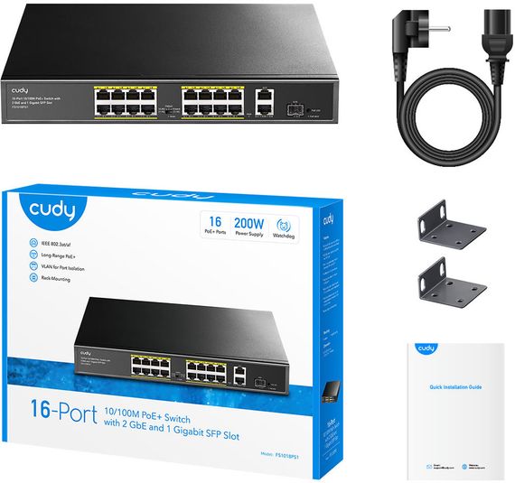 Комутатор Cudy FS1018PS1, 16 порт 10/100M PoE+ Switch with 2 Gigabit Uplink and 1 SFP Port  200W | Зображення 2