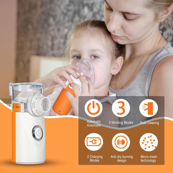 Небулайзер ультразвуковий портативний, аерозольний інгалятор для дітей та дорослих з масками та мундштуком для дому помаранчевий | Зображення 3