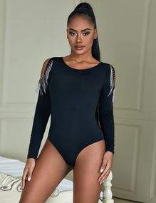 Черный боди с длинными рукавами Star Night и кисточками из цепочек, L sexstyle