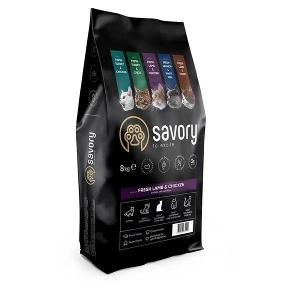 Сухий корм Savory для дорослих стерилізованих котів, ягня та курка 8кг