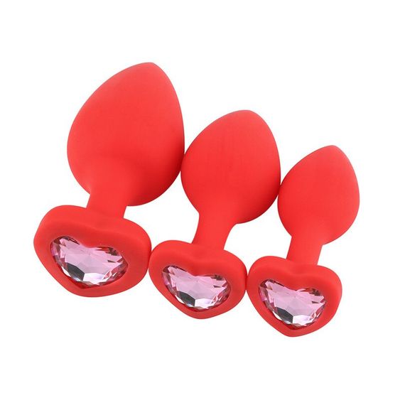 Набор силиконовых анальных пробок красного цвета с кристалами в форме сердечка (размер S,M,L) | Зображення 2