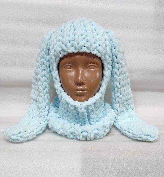 Балаклава колір 522 плюшева з вушками зайчика блакитна | Зображення 1