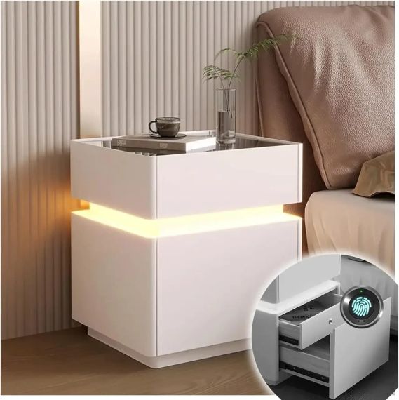 Тумба из экокожи XXF02 Белая  с LED подстветкой, сейфом, беспроводная зарядка, Bluetooth-аудио 40х40х51 | Зображення 1