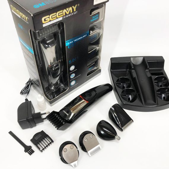 Машинка для стрижки 5в1 Geemy GM-853 стайлер, бритва, триммер на аккумуляторе нержавеющая сталь 6 насадок | Зображення 1