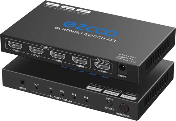 EZCOO 8K HDMI Switch 4 входа 1 выход, HDMI-коммутатор, поддерживает 8K@60 Гц и 4K120 Гц VRR, HDCP2.3, HDR Dolby Vision Atmos, дистанционное управление, CEC ( ez-sw41h21-asm)