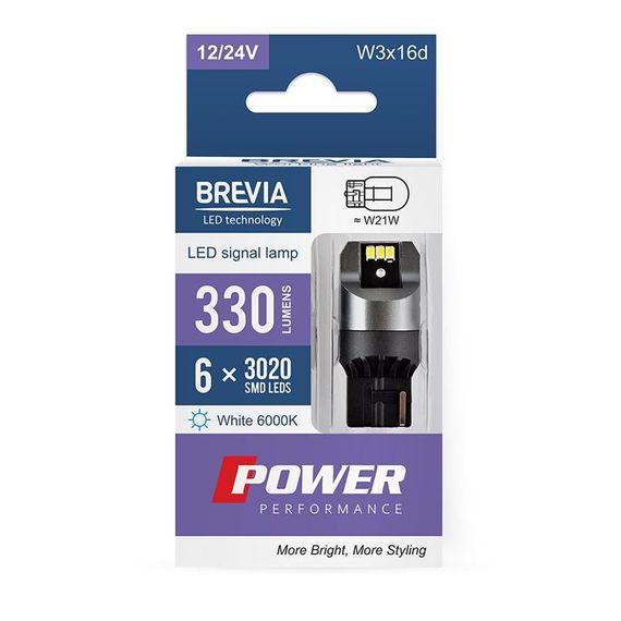 10110X2 BREVIA Лампа світлодіодна Brevia Power W21W 330Lm 6x3020SMD 12/24V CANbus, 2шт.