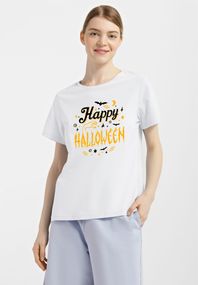 Футболка жіноча біла з принтом "Щасливого Геловіну", M