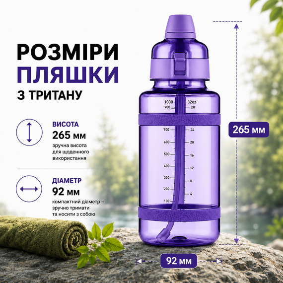 Спортивная бутылка для воды 1000 мл из тритана с соломинкой, Фиолетовая - Ударопрочная и без BPA | Зображення 2