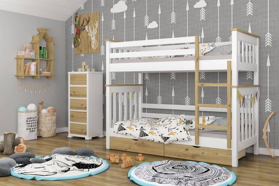 Двухъярусная детская кровать iSmart Скандинавия Мини Белый (RAL9003) + Орех светлый 70х190 см с ящиками (DDMBG-2363)
