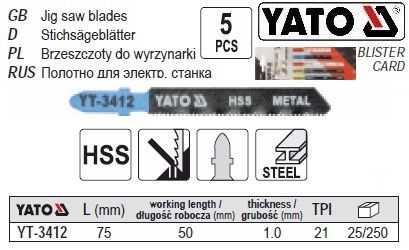 Набір полотно для електролобзика (метал) 21TPI l=75мм 5шт YATO-3412