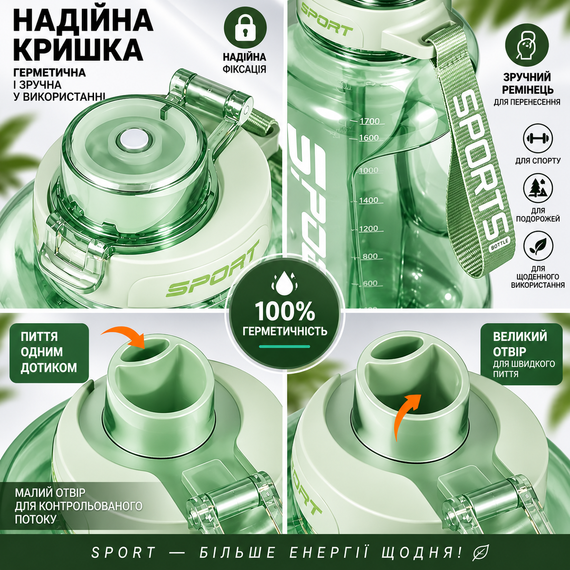 Зелена пляшка SPORT для води 1700 мл із трубочкою та стильним дизайном із безпечного пластику | Зображення 5