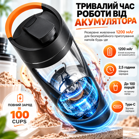 Электрический шейкер 700 мл черный с USB зарядкой, антипригарным покрытием и контейнером для протеина | Зображення 2