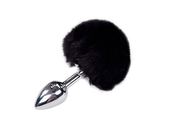 Металева анальна пробка Кролячий хвостик Alive Fluffy Plug S, Чорний