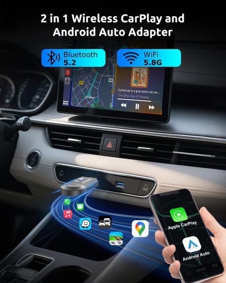 Бездротовий автомобільний адаптер CarPlay Android Auto ESSGOO 2-в-1, підтримка iOS 10+ і Android 11+, Карплей чорний | Зображення 1