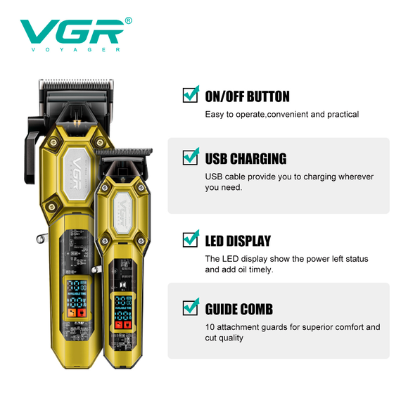 Набір для стрижки VGR 2 в 1 V-600&amp;900 GOLD, машинка для стрижки і тример, 10 насадок, LED дисплей | Зображення 4