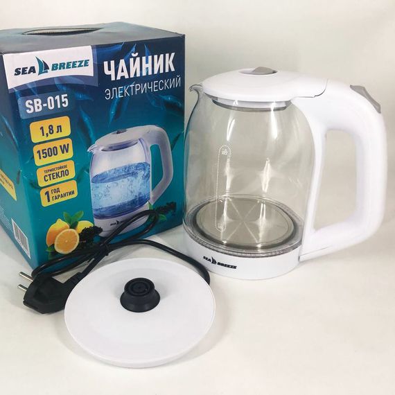Электрочайник стеклянный Sea Breeze SB-015, 1.8 л, 1850 Вт, с подсветкой | Зображення 5