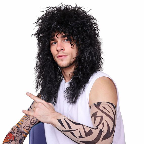 Парик черный кудрявый длинный в стиле рок 80-х, с тату рукавами, для косплей вечеринок смены образа Рок-звезда | Зображення 7