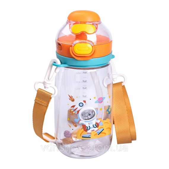 Бутылка для воды детская 550 мл с ремешком и трубочкой для спорта и школы 20 см Оранжевая HP-14-45O