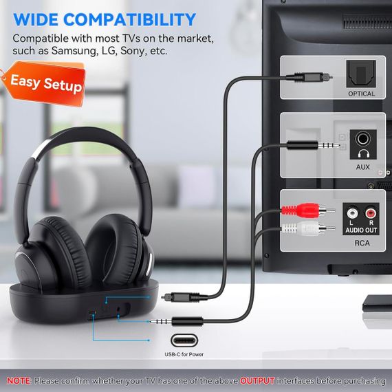 Навушники бездротові накладні ANSTEN для телевізора з базою-трансмітером, Bluetooth, гарнітура для перегляду ТБ | Зображення 2