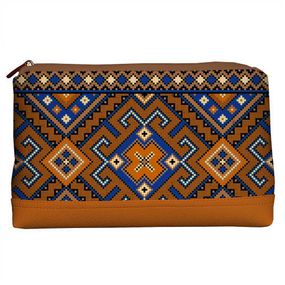 Косметичка дорожня жіноча Lovely Украинский орнамент с коричневым кожзамом 26x15x8 см