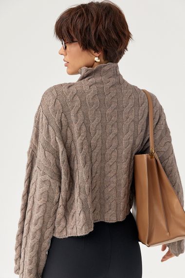 Вільний в'язаний светр з косичками - кавовий цвет, ONE SIZE (є розміри) | Зображення 1