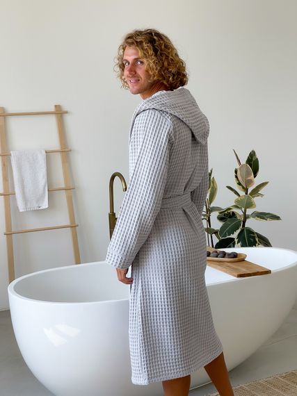 Халат чоловічий COSY з капюшоном Грецька вафелька, світло-сірий | Зображення 1