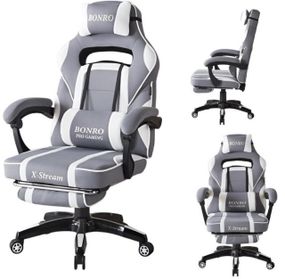 Крісло геймерське з тканини Bonro Бонро B-141 біло-сіре з підставкою для ніг (42401111)