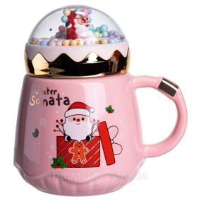 Чашка фарфоровая с крышкой Christmas 400 (мл) Розовая Yiwu FM-CS-41C