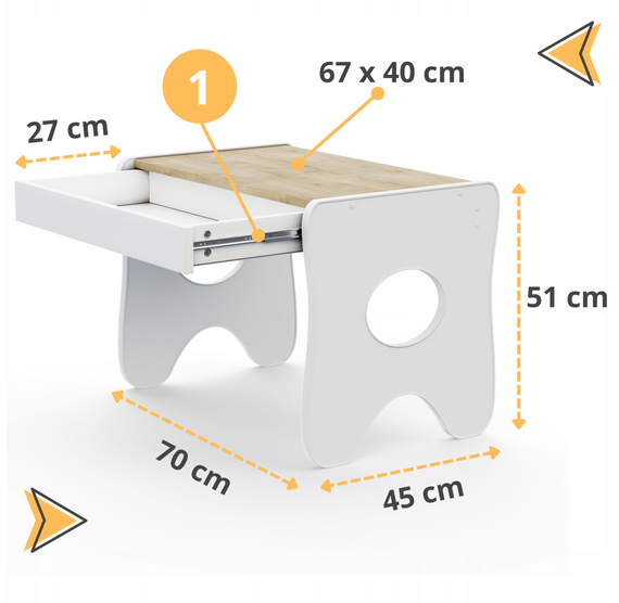Набір дитячих меблів столик з ящиком та стільчик 70×45×51, стіл та стілець для дітей, білий з деревом | Зображення 1
