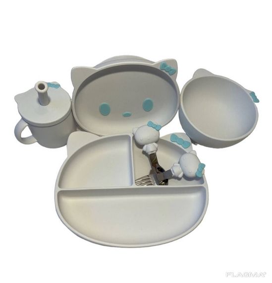 Детский силиконовый набор посуды для кормления Hello Kitty (голубой бант) 6 предметов | Зображення 1