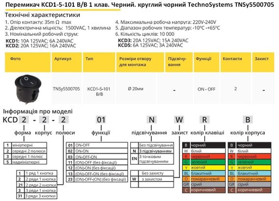 Перемикач KCD1-5-101 B/B 1 клавіша чорна кругла Ny95500705 | Зображення 1