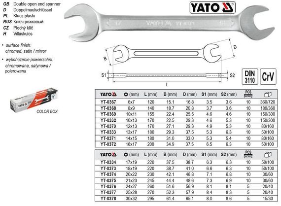 Ключ рожковий ріжковий CrV М=8х9 l=140 мм YATO Польща YT-0368