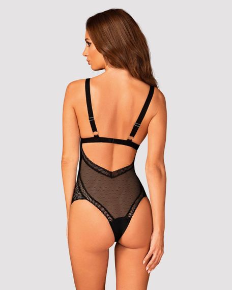 Мереживне боді з декольте Obsessive Estiqua teddy, чорне, широкі лямки, M/L | Зображення 1