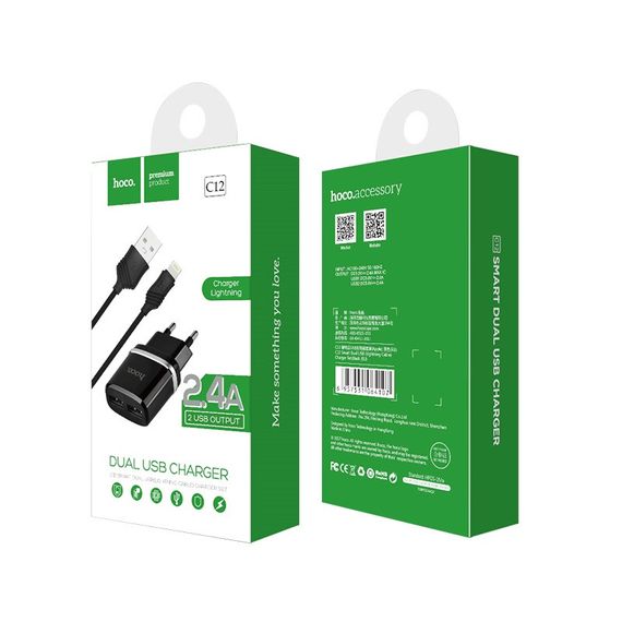 Набір СЗУ HOCO C12 Smart+кабель Lighting, 2xUSB, 2.4A, кабель 1м, Black, Blister | Зображення 4