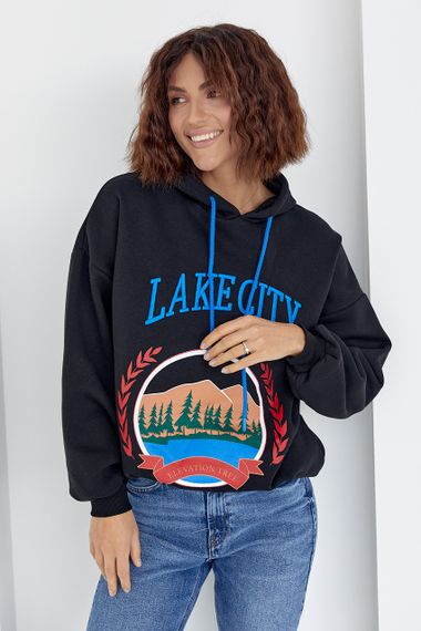 Утепленное худи с принтом и надписью Lake city - черный цвет, L (есть размеры) | Зображення 6