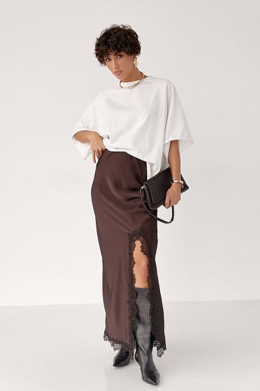 Сатинова довга спідниця з розрізом - коричневий цвет, M (є розміри) | Зображення 2