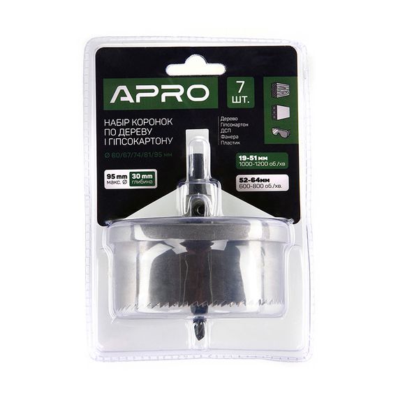 Набор коронок по дереву и гипсокартону 7 предметов, глубина 30мм (60/67/74/81/95) APRO | Зображення 1