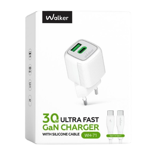 Зарядний пристрій мережевий USB/Type-C + кабель Type-C 30W білий GaN WALKER WH-71 white | Зображення 1