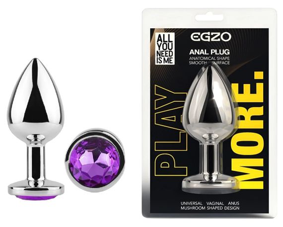 Анальна пробка EGZO Silver Round Plug S з медичної сталі з фіолетовим кристалом Sex Aura | Зображення 4