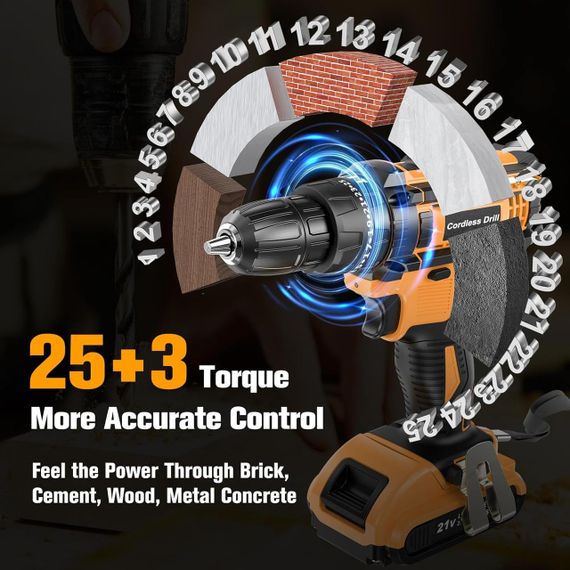 Дриль шурупокрут акумуляторний JYGMPRO 21 В, ударний дриль із 2 батареями 2000 мА·год, крутний момент 25+3, макс | Зображення 8