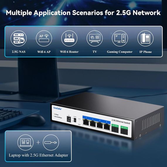 Сетевой коммутатор 4 порта 2.5G, 2 SFP+ 10G мультигигабитный неуправляемый настольный с металлическим корпусом | Зображення 4