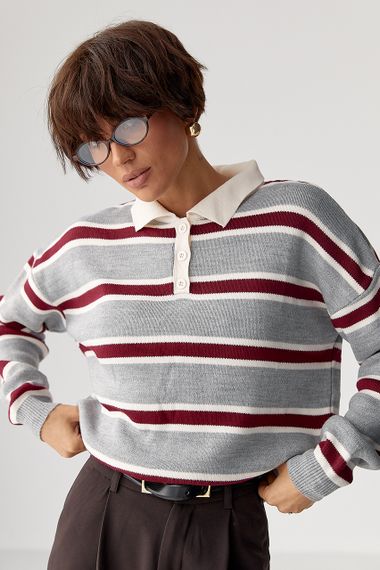 Кофта-поло у смужку вільного фасону - сірий цвет, ONE SIZE (є розміри) | Зображення 4