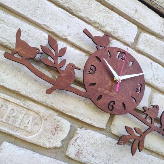 Настінний дерев'яний годинник Пташки на гілці, безшумний інтер'єрний годинник з дерева, 50 см, декор | Зображення 4