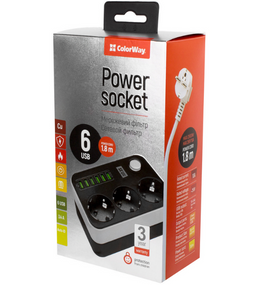 Фільтр мережевий 3 розетки/6USB 1,8 м чорний ColorWay