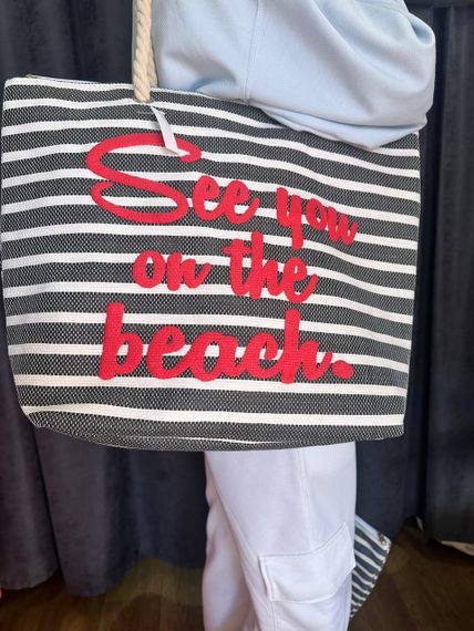 Женская большая пляжная сумка в полоску одно отделение на молнии AV39 размер 48/38, синяя