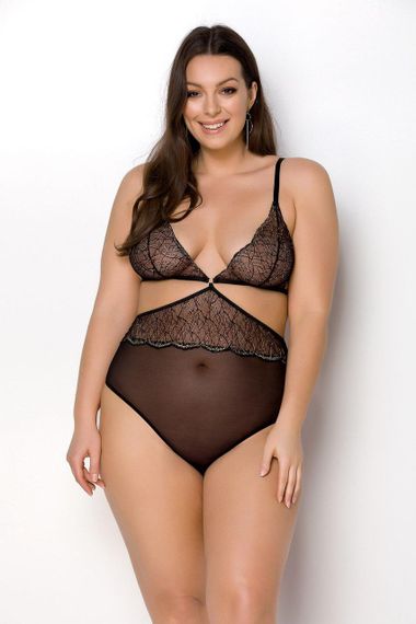 Боді Passion AMBERLY BODY 4XL/5XL black, асиметричний крій, мереживний ліф, золота нитка sexstyle