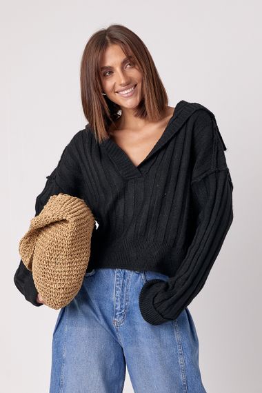 Жіноча кофта з коміром поло у фактурний рубчик - чорний цвет, S (є розміри)