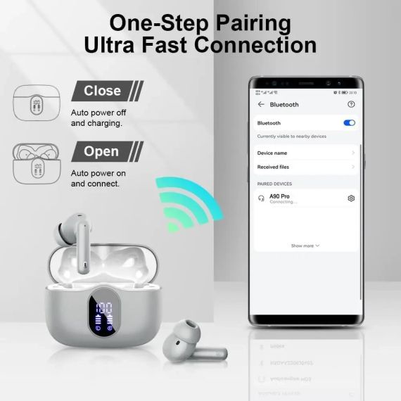 Навушники бездротові Btootos A90 PRO, Bluetooth 5.3, зі світлодіодним дисплеєм, Спорт, Елегантний сірий, білий | Зображення 5