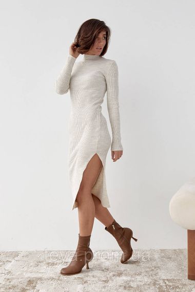 Базовое платье миди в рубчик с разрезом цвет бежевый размер S FL_000806 | Зображення 5