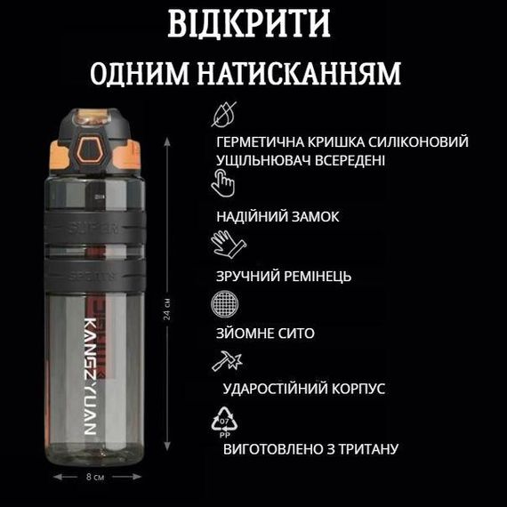 Спортивная бутылка KANGZYUAN 700 мл - Черная Tritan BPA-free, ударопрочная эко-бутылка с антискользящим грипом | Зображення 3